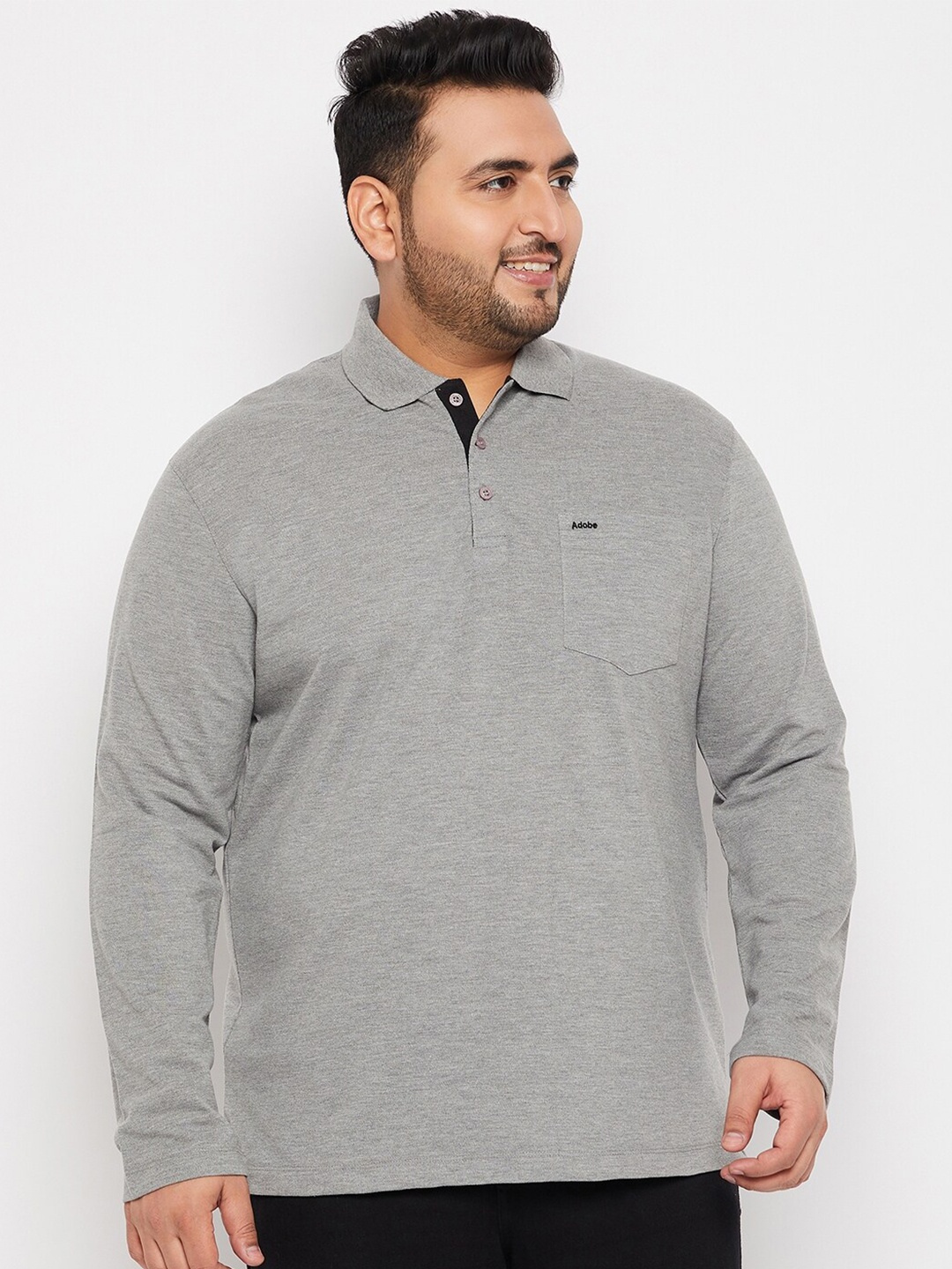 

Adobe Plus Size Polo Collar Long Sleeves T-shirt, Grey