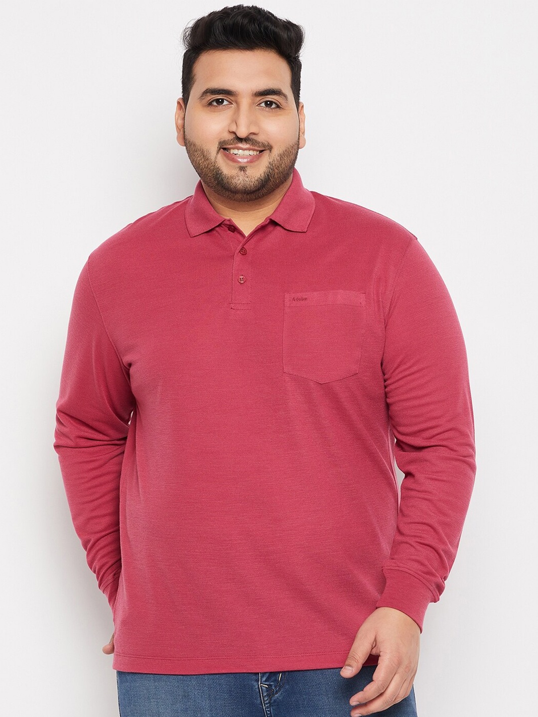 

Adobe Plus Size Polo Collar Long Sleeves T-shirt, Pink