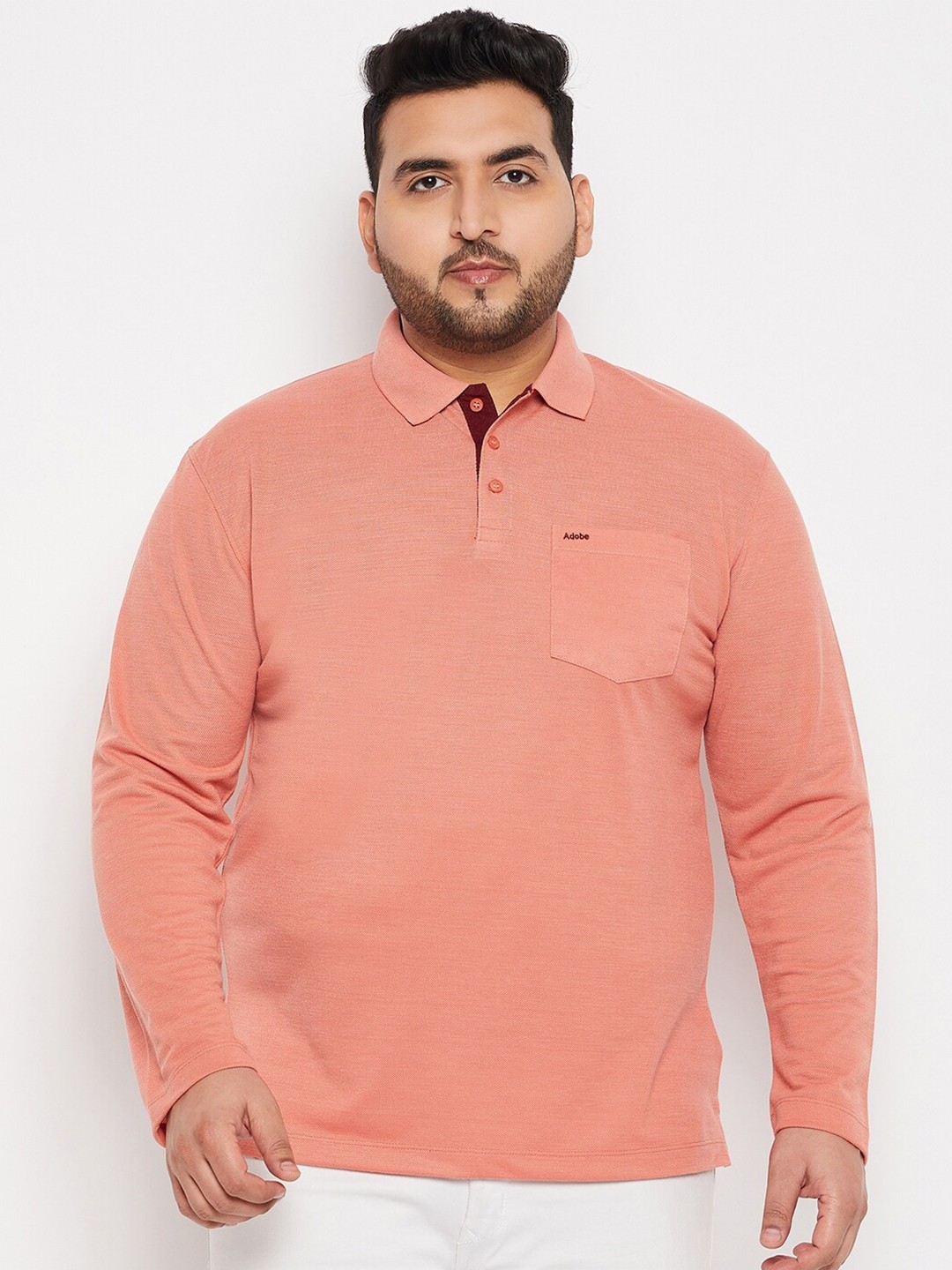 

Adobe Plus Size Polo Collar Long Sleeves T-shirt, Peach