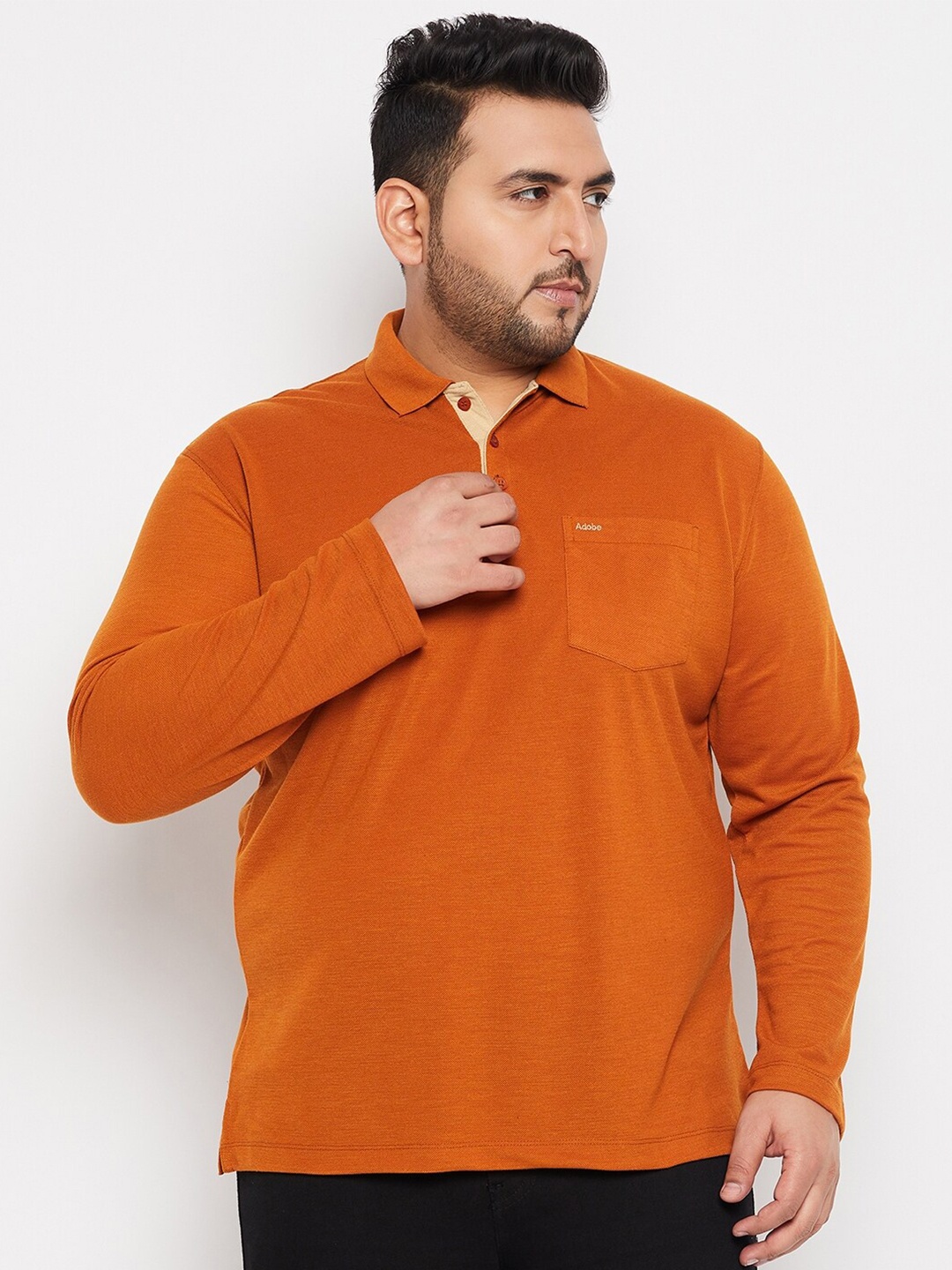 

Adobe Plus Size Polo Collar Long Sleeves T-shirt, Orange