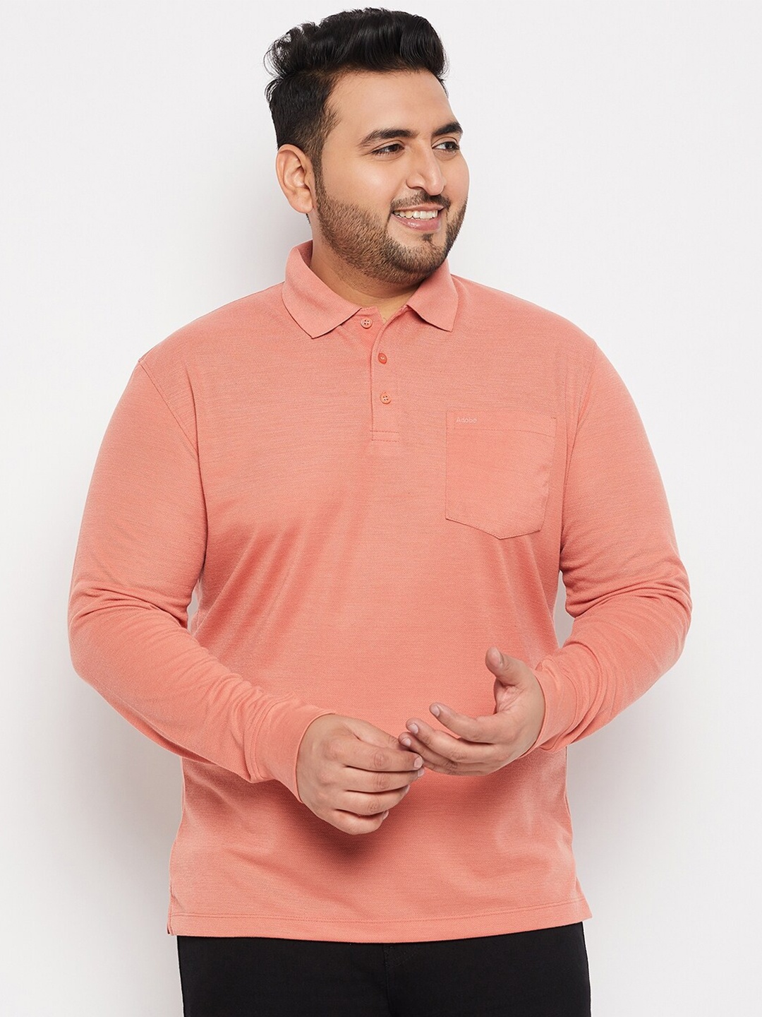 

Adobe Plus Size Polo Collar Long Sleeves T-shirt, Peach