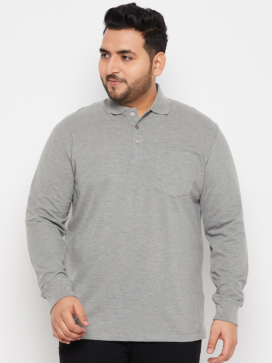 

Adobe Plus Size Polo Collar Long Sleeves T-shirt, Grey