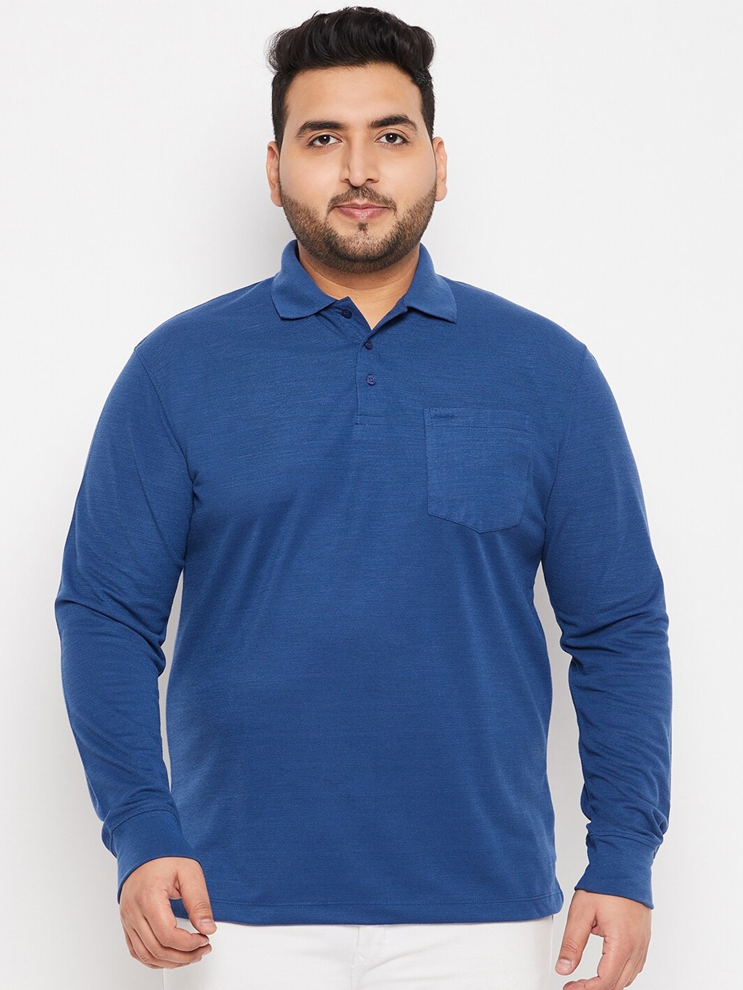 

Adobe Plus Size Polo Collar Long Sleeves T-shirt, Blue