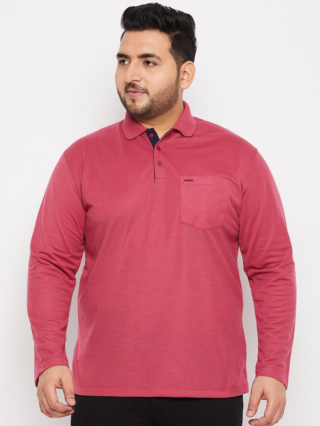 

Adobe Plus Size Polo Collar Long Sleeves T-shirt, Pink