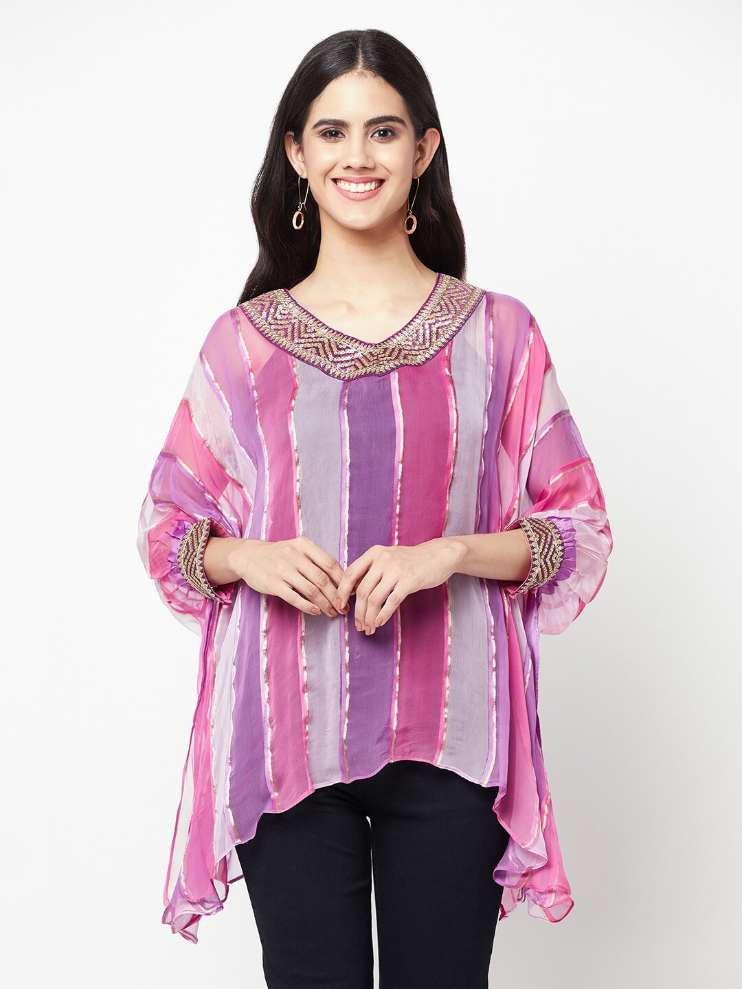 

La Vastraa V-Neck Striped Extended Sleeves Pure Chiffon Kaftan Kurti, Purple