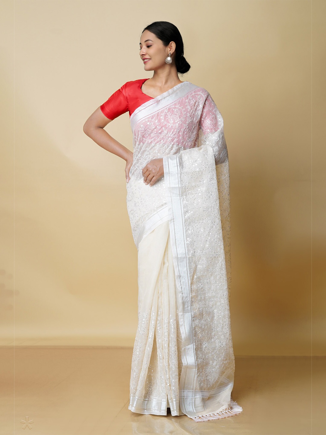 

Unnati Silks Ethnic Motifs Zari Pure Cotton Kota Saree, Cream