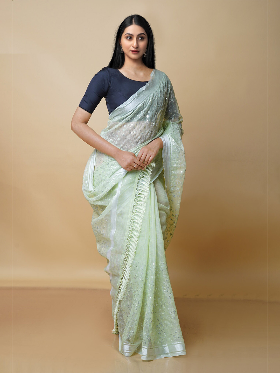 

Unnati Silks Floral Embroidered Zari Pure Cotton Handloom Kota Saree, Green