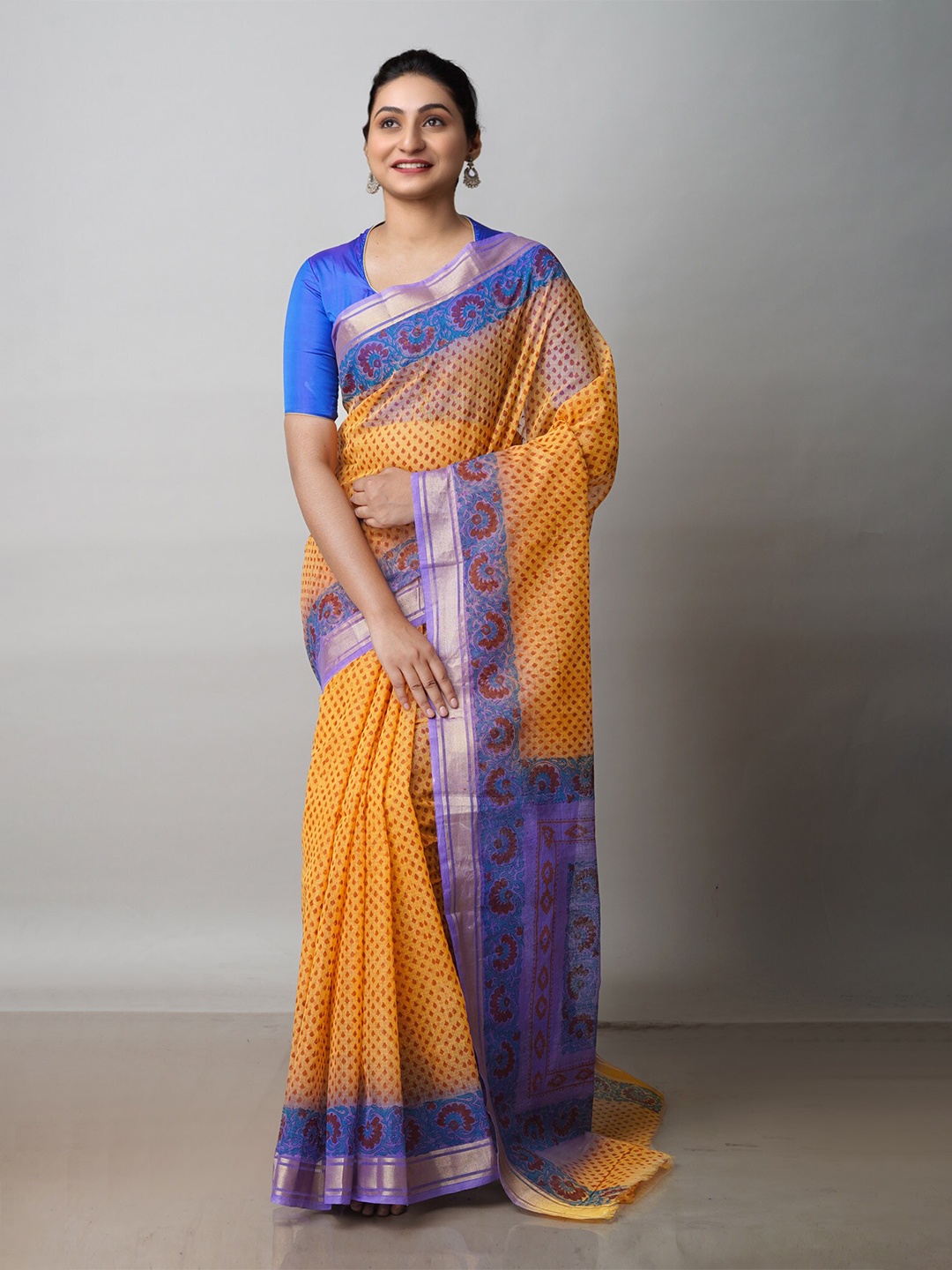 

Unnati Silks Ethnic Motifs Printed Zari Pure Cotton Kota Saree, Orange