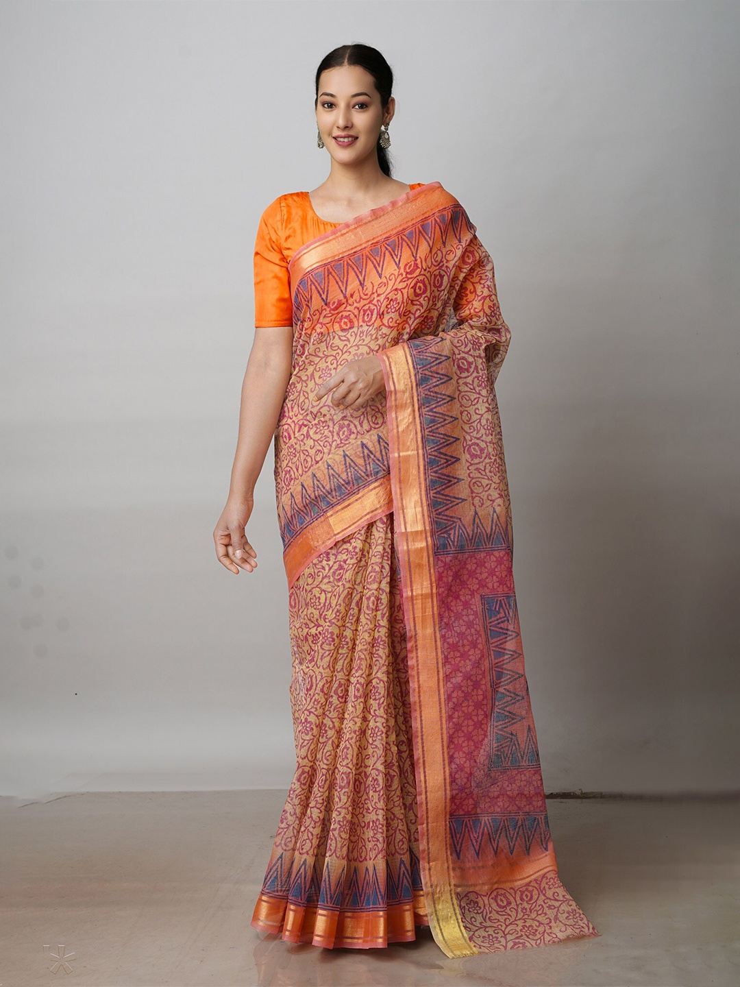 

Unnati Silks Ethnic Motifs Printed Zari Pure Cotton Kota Saree, Brown