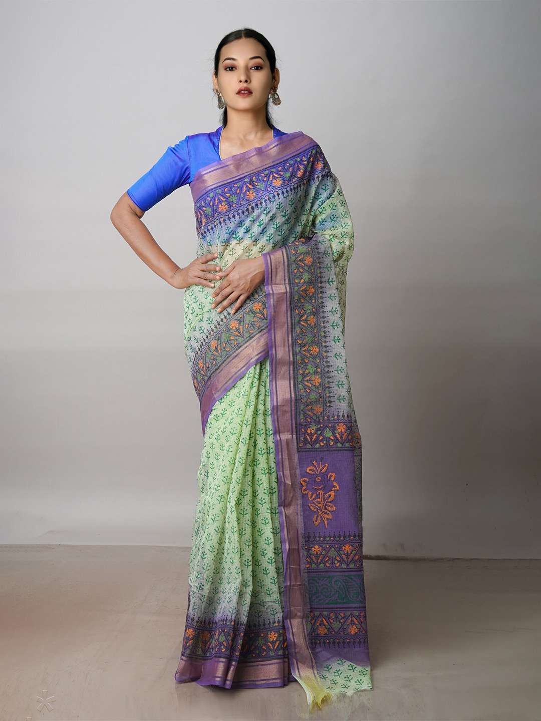 

Unnati Silks Ethnic Motifs Printed Zari Pure Cotton Kota Saree, Green