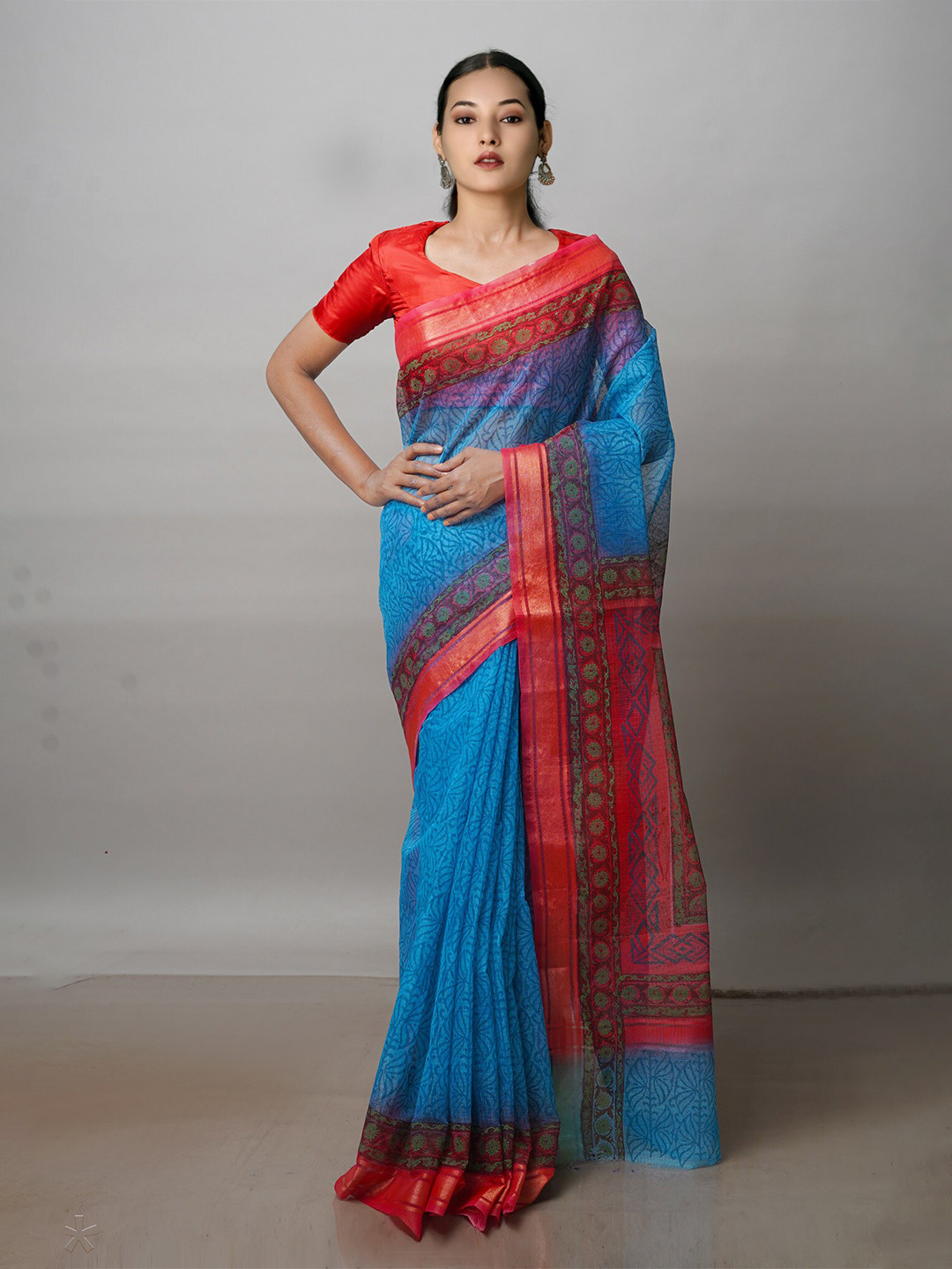 

Unnati Silks Ethnic Motifs Printed Zari Pure Cotton Kota Saree, Blue