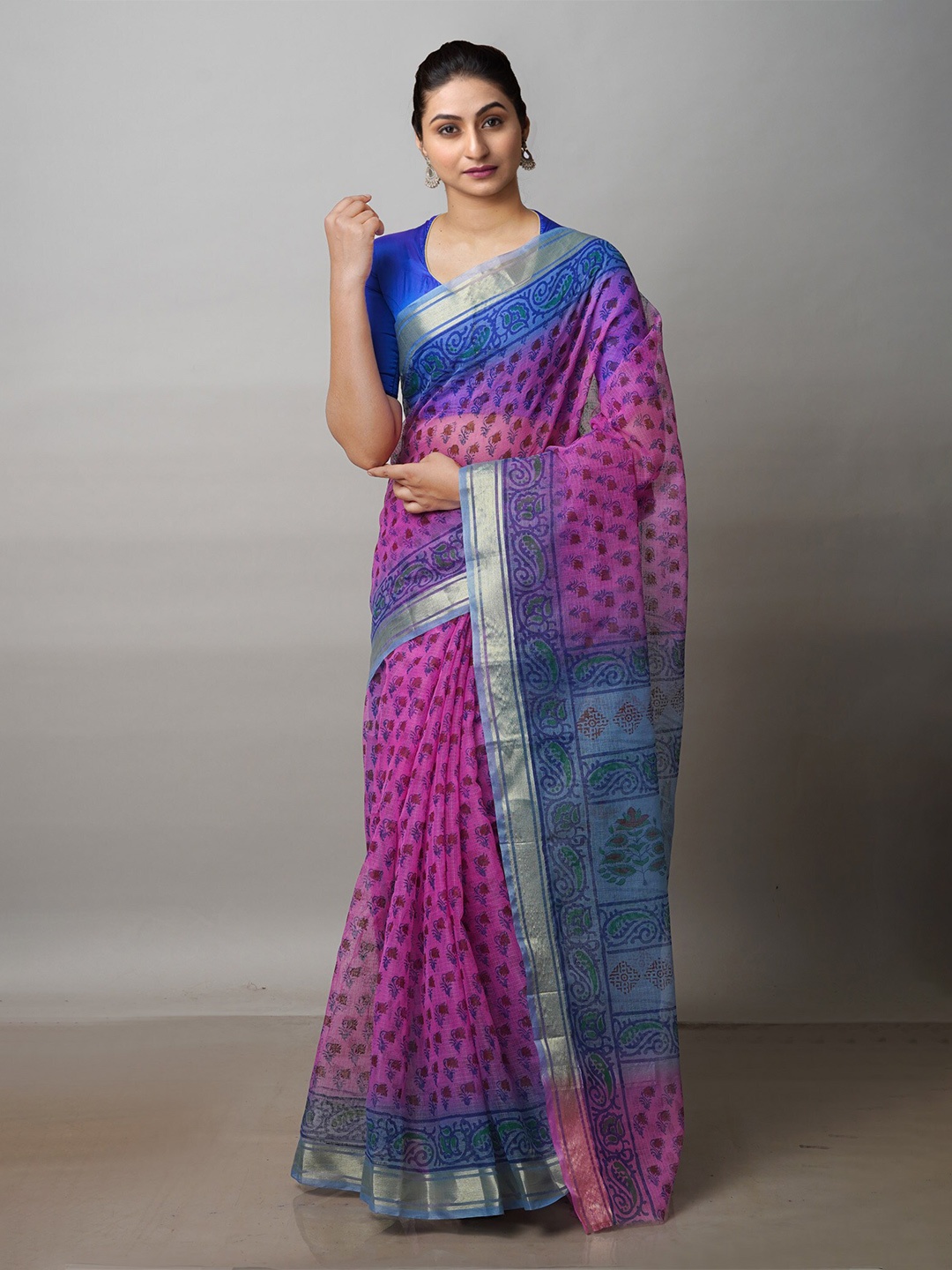 

Unnati Silks Ethnic Motifs Printed Zari Pure Cotton Kota Saree, Pink