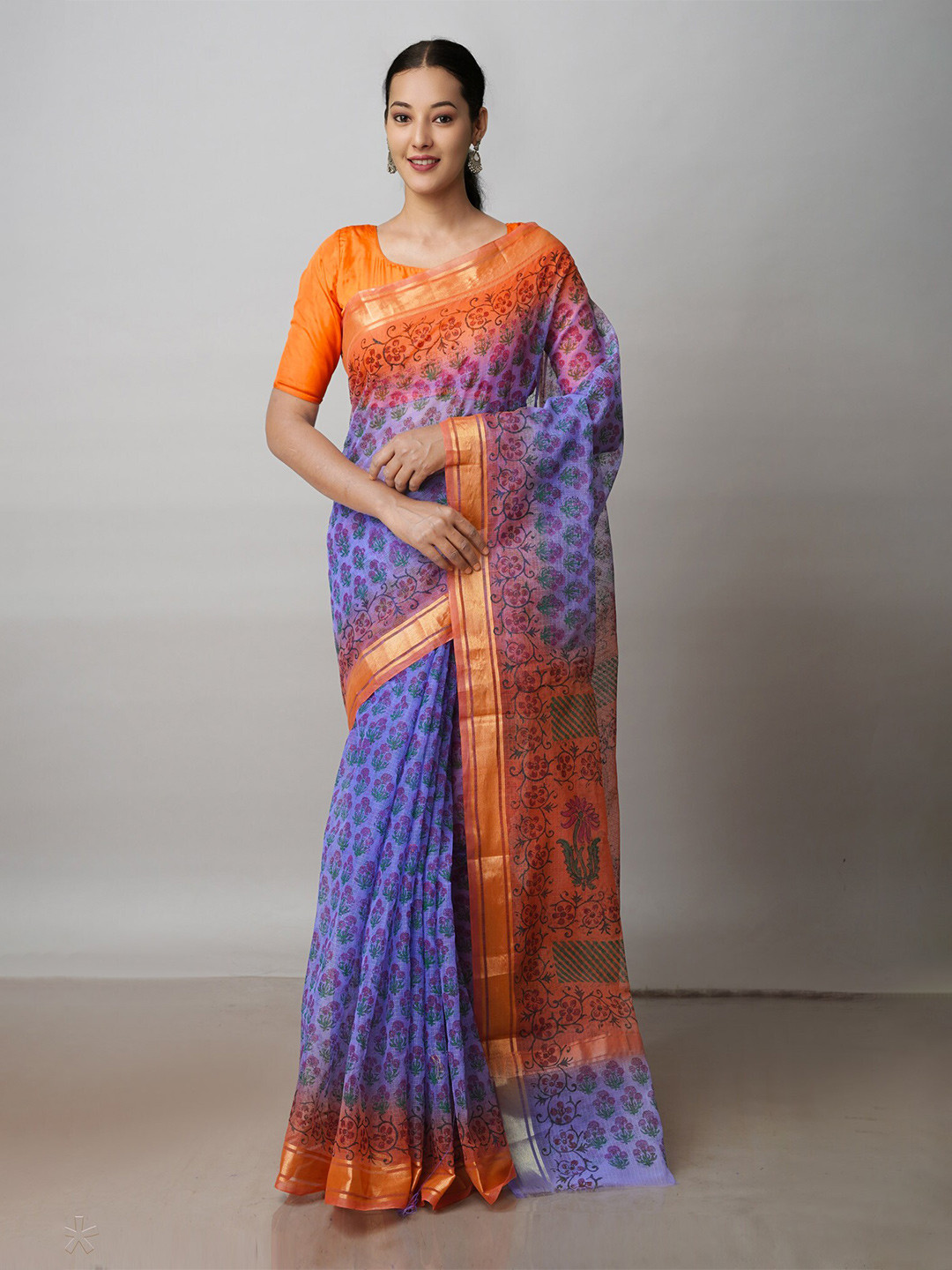 

Unnati Silks Ethnic Motifs Printed Zari Pure Cotton Kota Saree, Blue