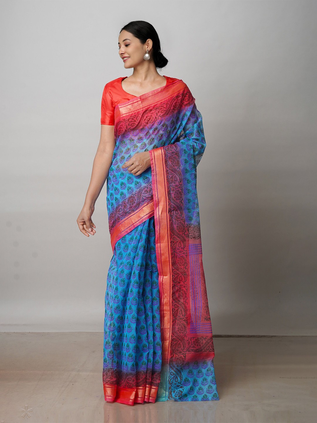

Unnati Silks Ethnic Motifs Printed Zari Pure Cotton Kota Saree, Blue