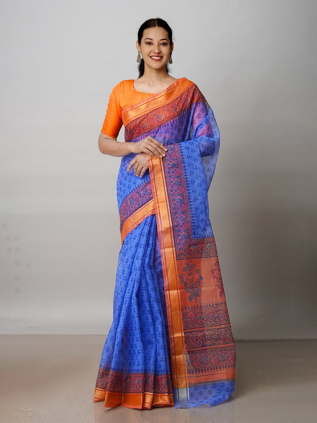 

Unnati Silks Ethnic Motifs Printed Zari Pure Cotton Kota Saree, Blue