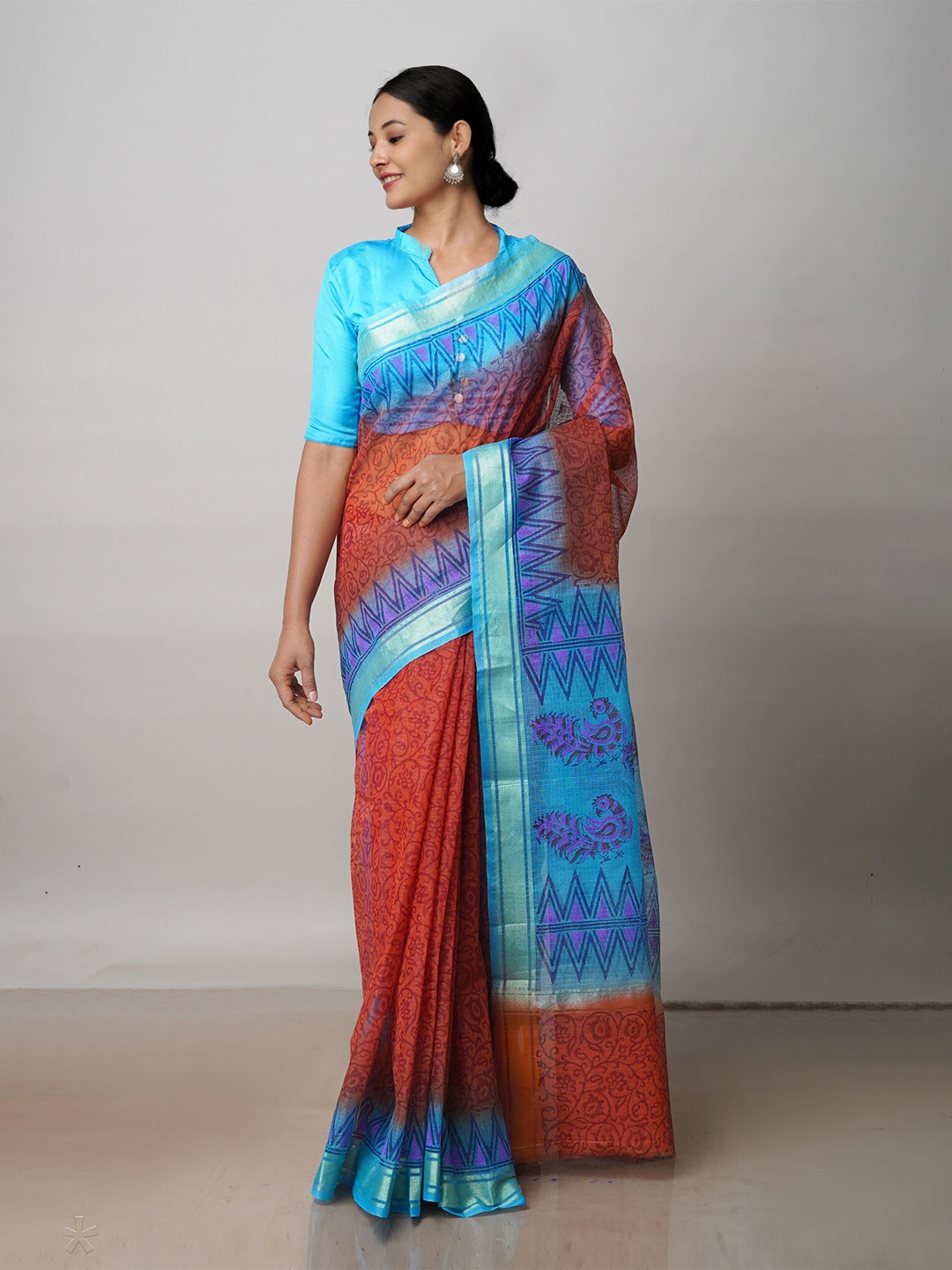 

Unnati Silks Ethnic Motifs Printed Zari Pure Cotton Kota Saree, Red