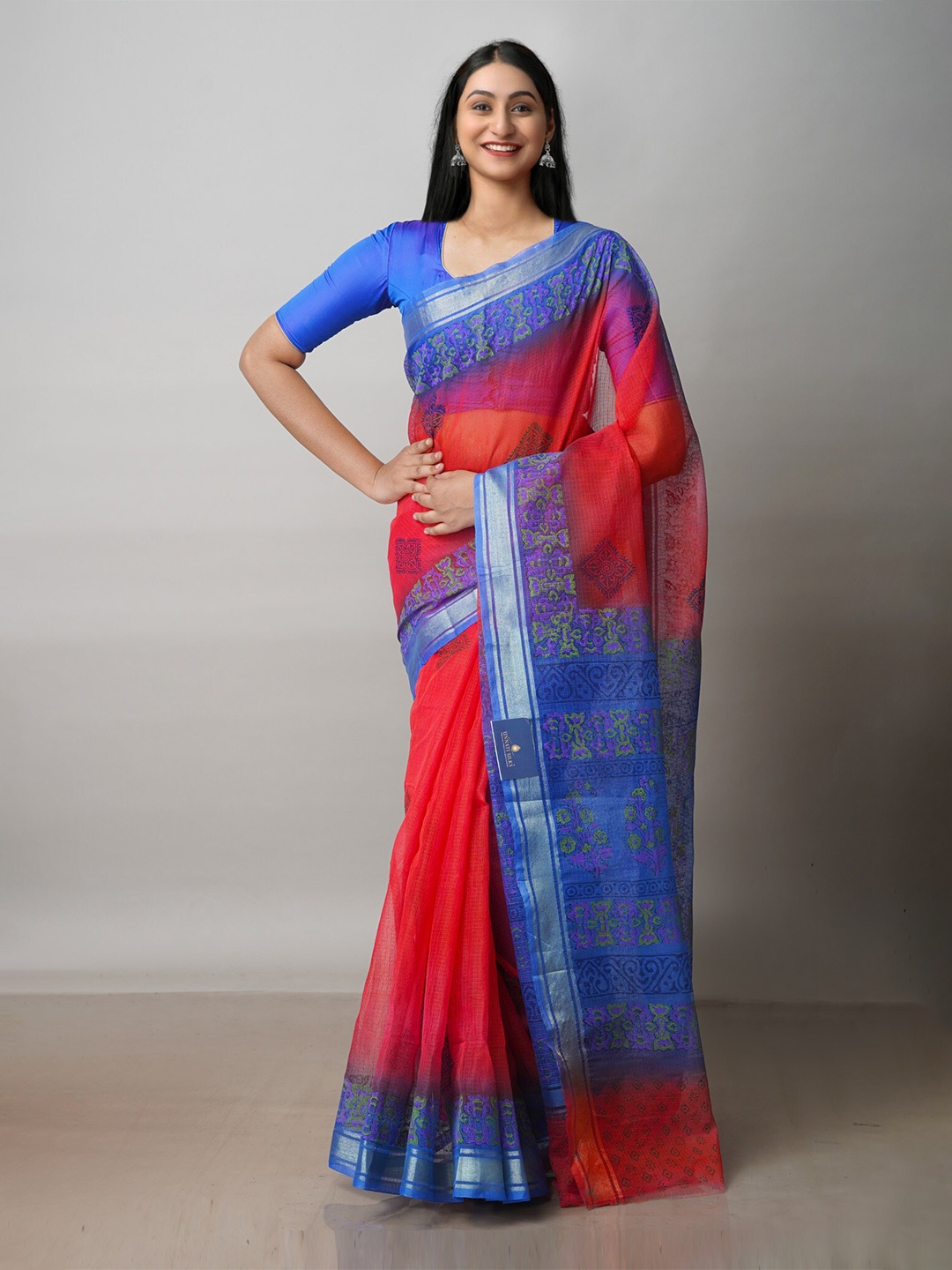 

Unnati Silks Ethnic Motifs Printed Zari Pure Cotton Kota Saree, Red
