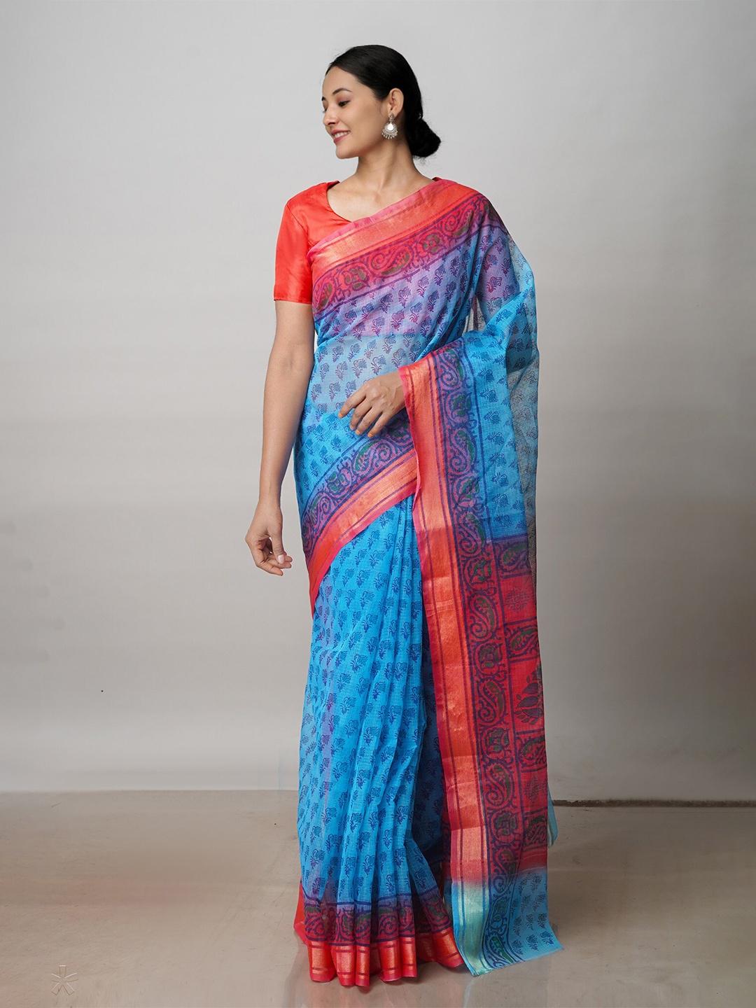 

Unnati Silks Ethnic Motifs Printed Zari Pure Cotton Kota Saree, Blue