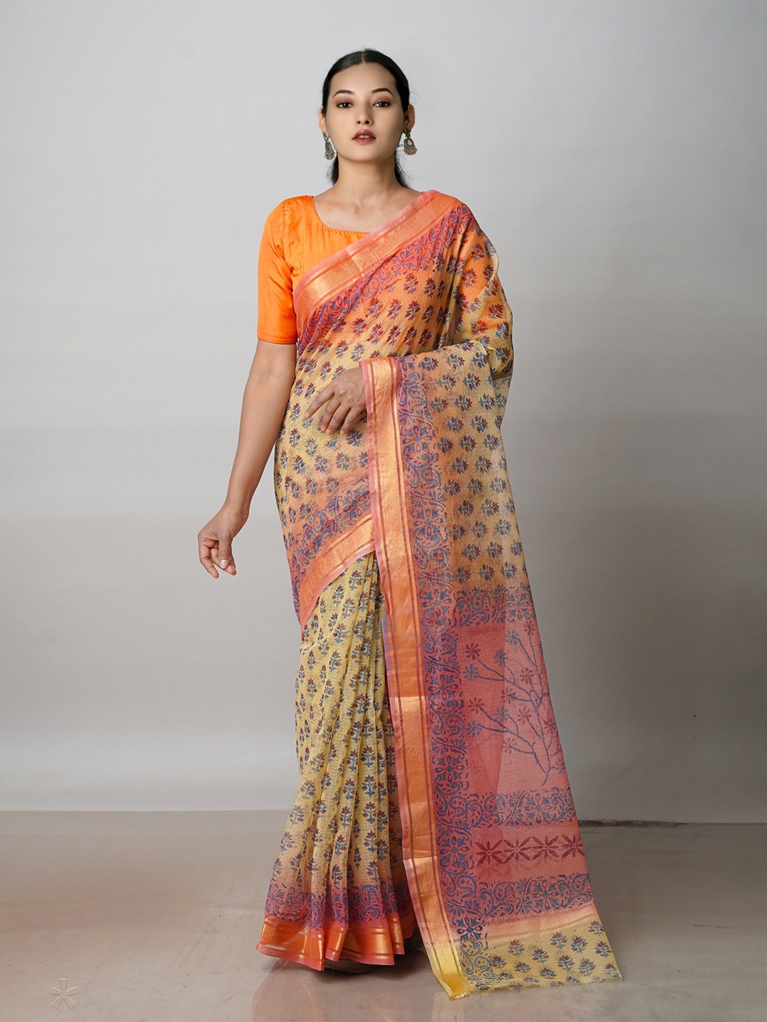 

Unnati Silks Ethnic Motifs Printed Zari Pure Cotton Kota Saree, Brown