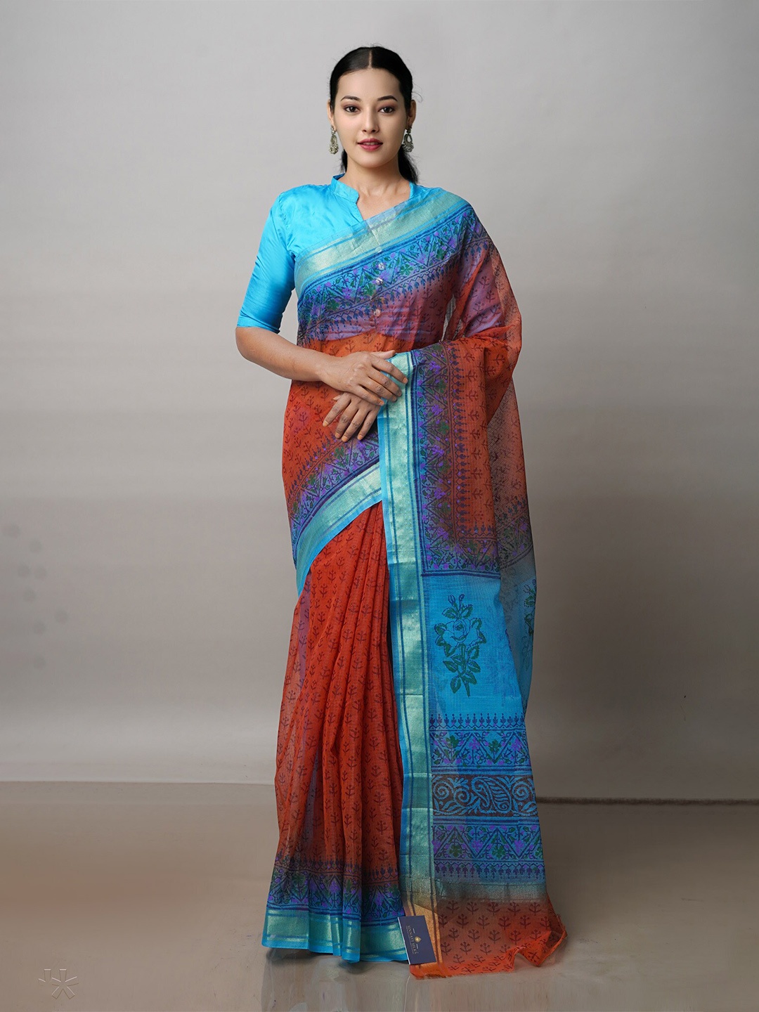 

Unnati Silks Ethnic Motifs Printed Zari Pure Cotton Kota Saree, Red