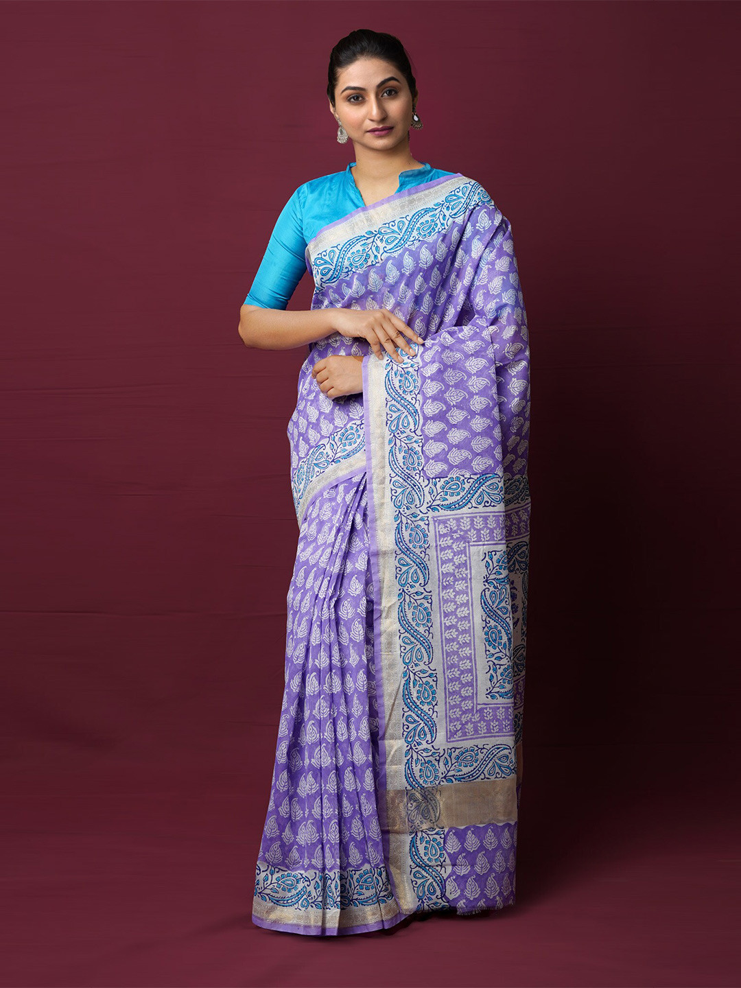 

Unnati Silks Ethnic Motifs Printed Zari Silk Cotton Chanderi Saree, Lavender