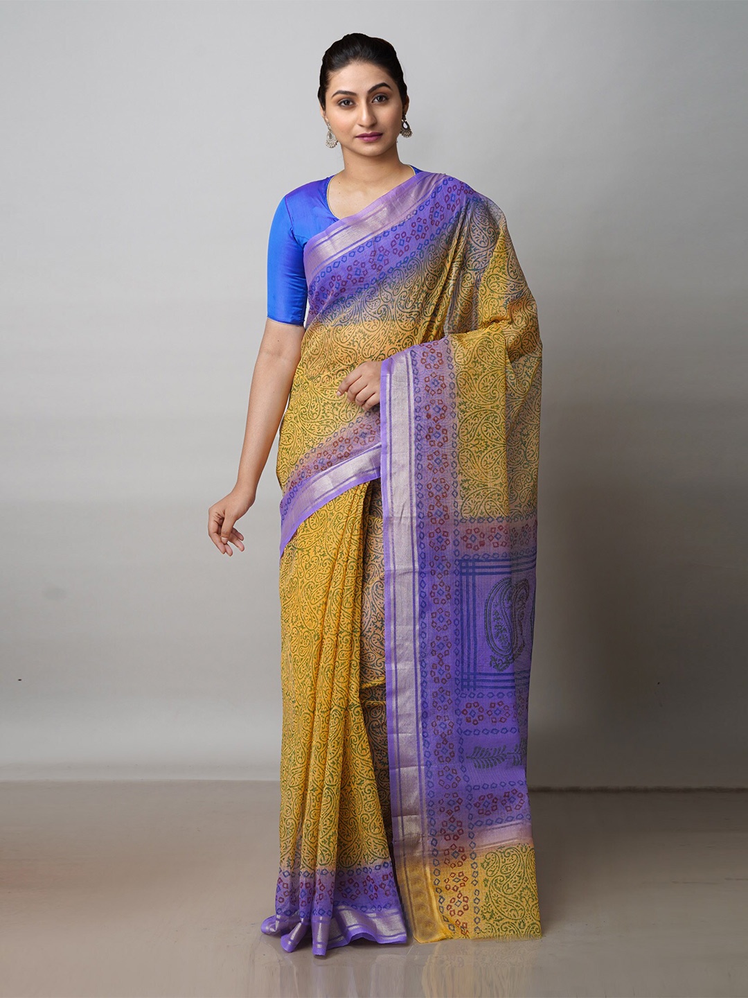 

Unnati Silks Paisely Printed Zari Pure Cotton Kota Saree, Yellow