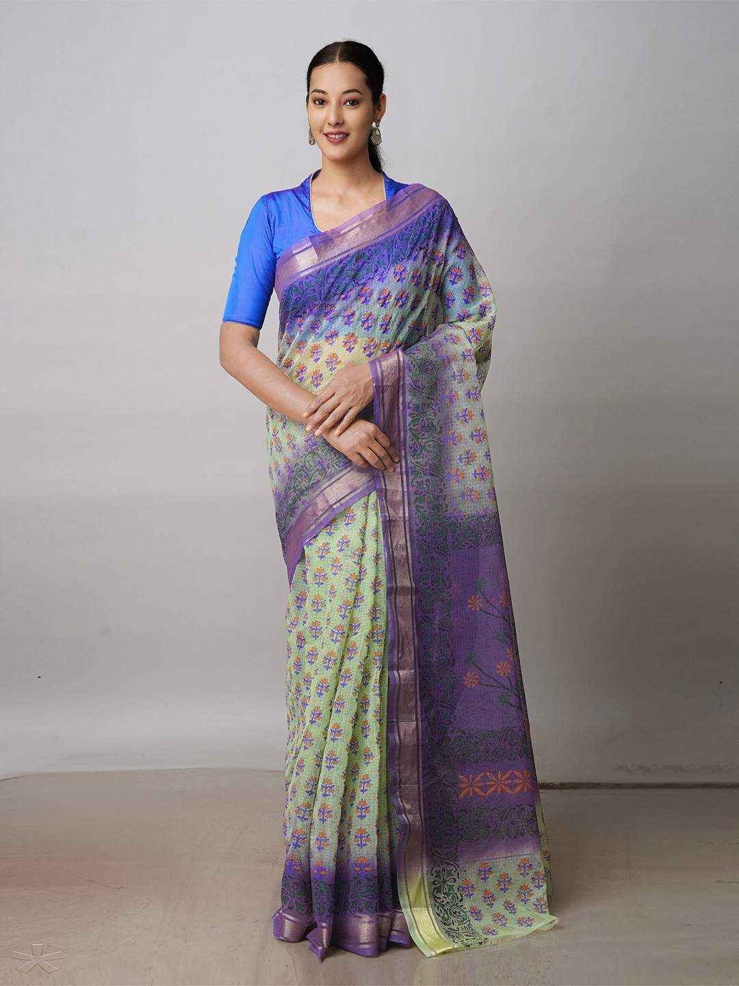 

Unnati Silks Ethnic Motifs Printed Zari Pure Cotton Kota Saree, Green