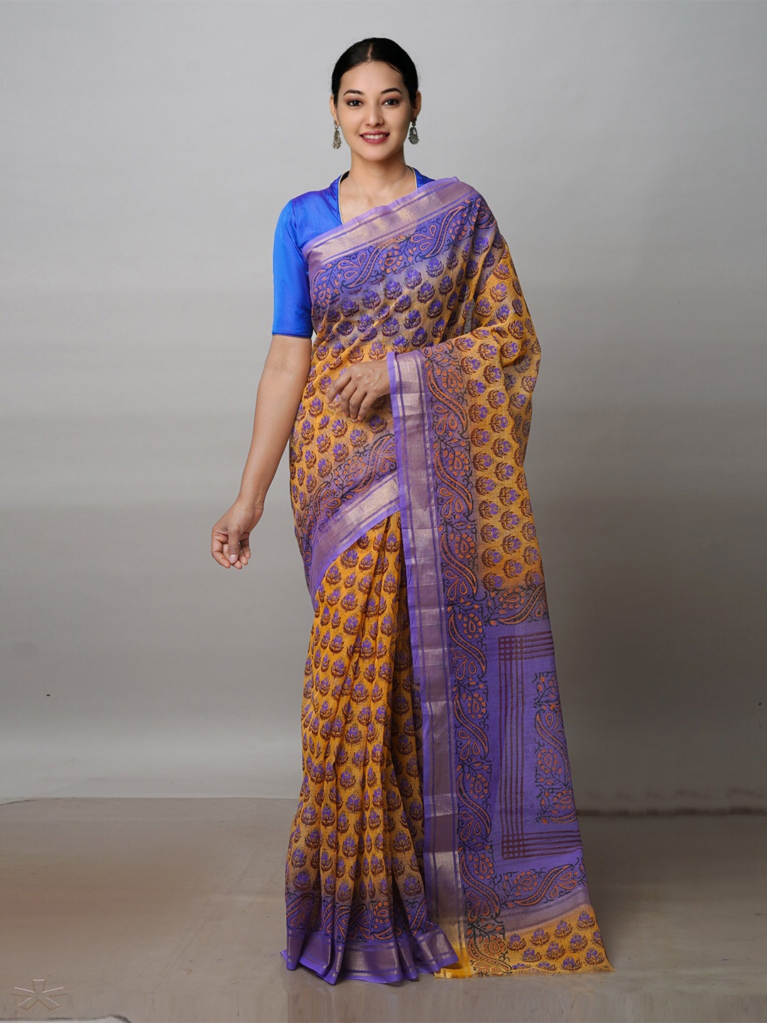 

Unnati Silks Ethnic Motifs Printed Zari Pure Cotton Kota Saree, Orange