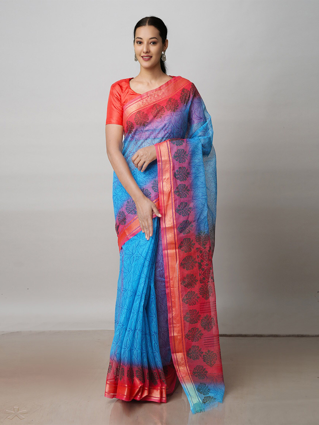 

Unnati Silks Ethnic Motifs Printed Zari Pure Cotton Kota Saree, Blue
