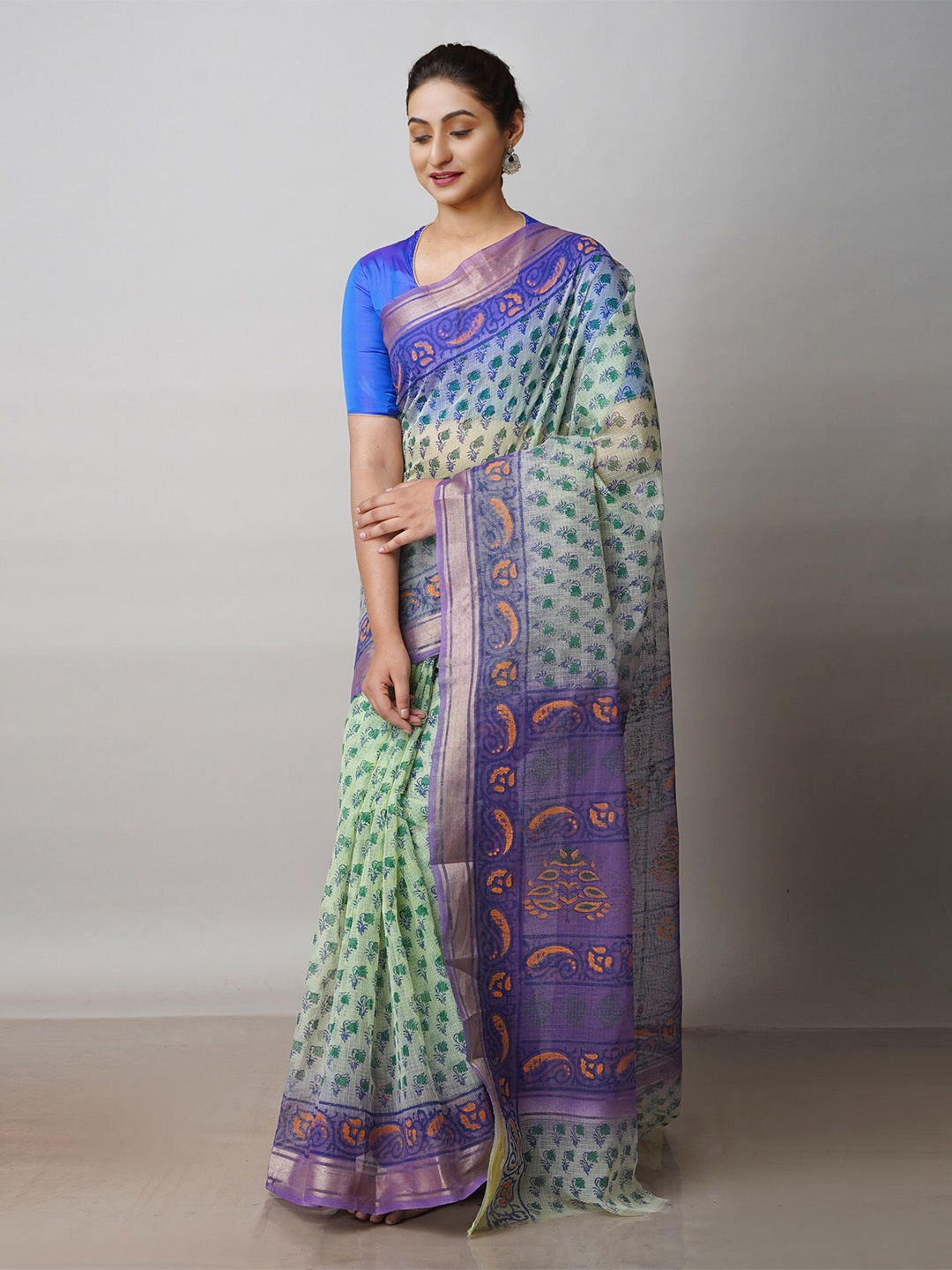 

Unnati Silks Ethnic Motifs Printed Zari Pure Cotton Kota Saree, Green