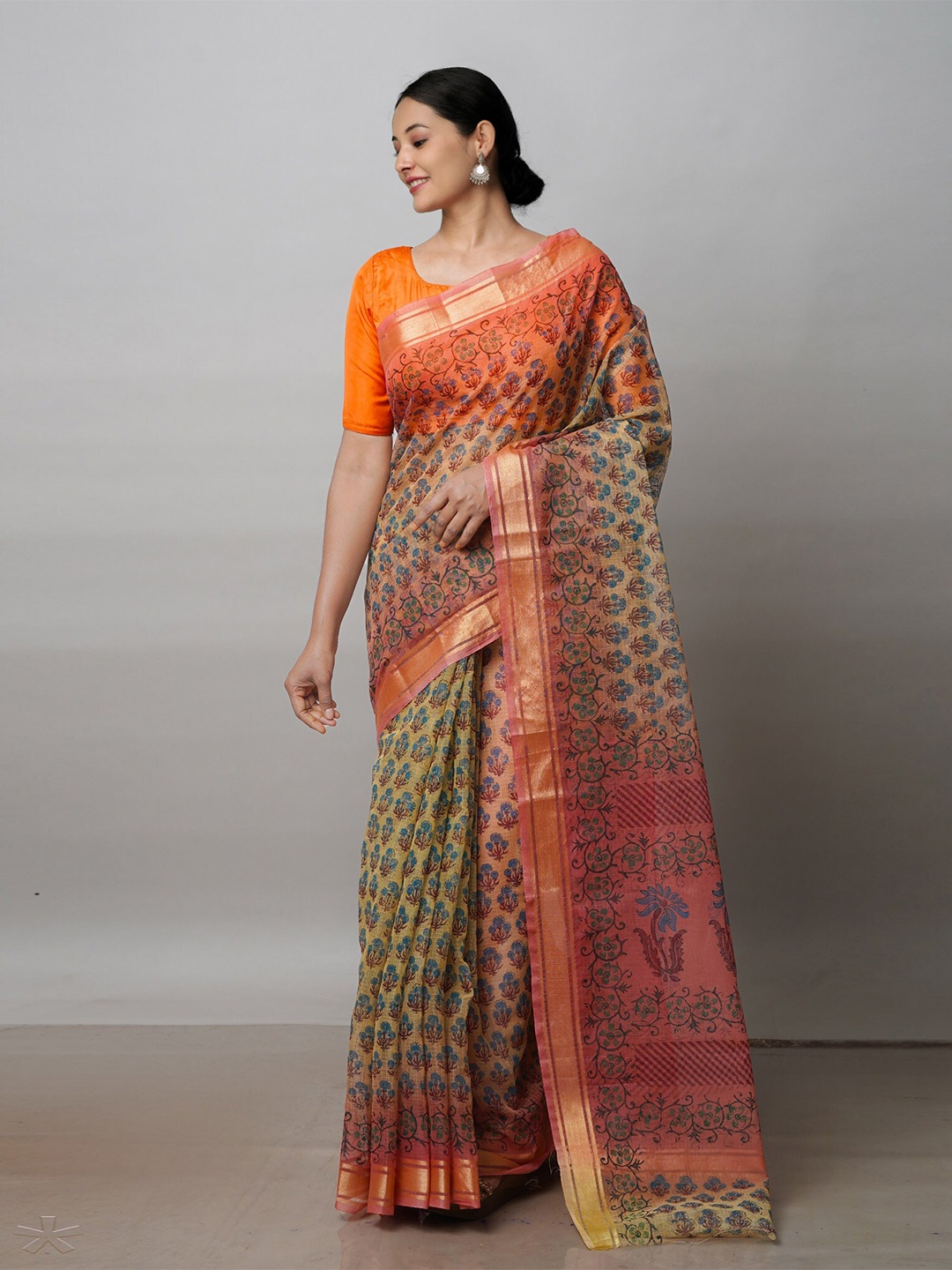 

Unnati Silks Ethnic Motifs Printed Zari Pure Cotton Kota Saree, Beige