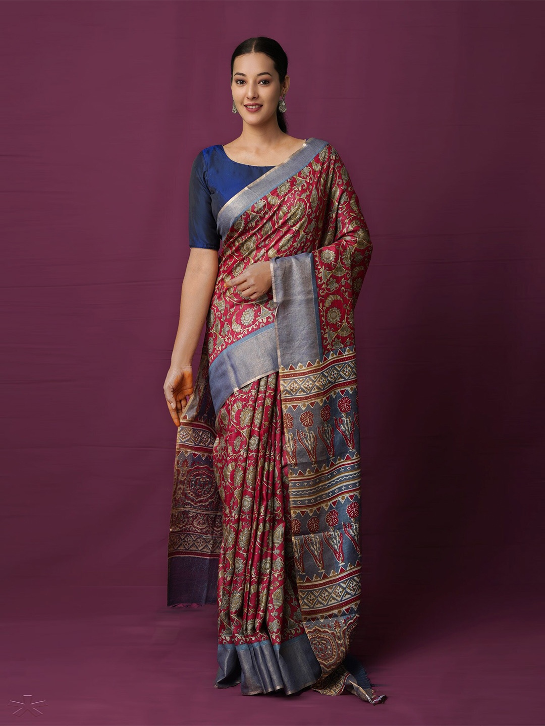 

Unnati Silks Ethnic Motifs Printed Zari Baluchari Saree, Pink
