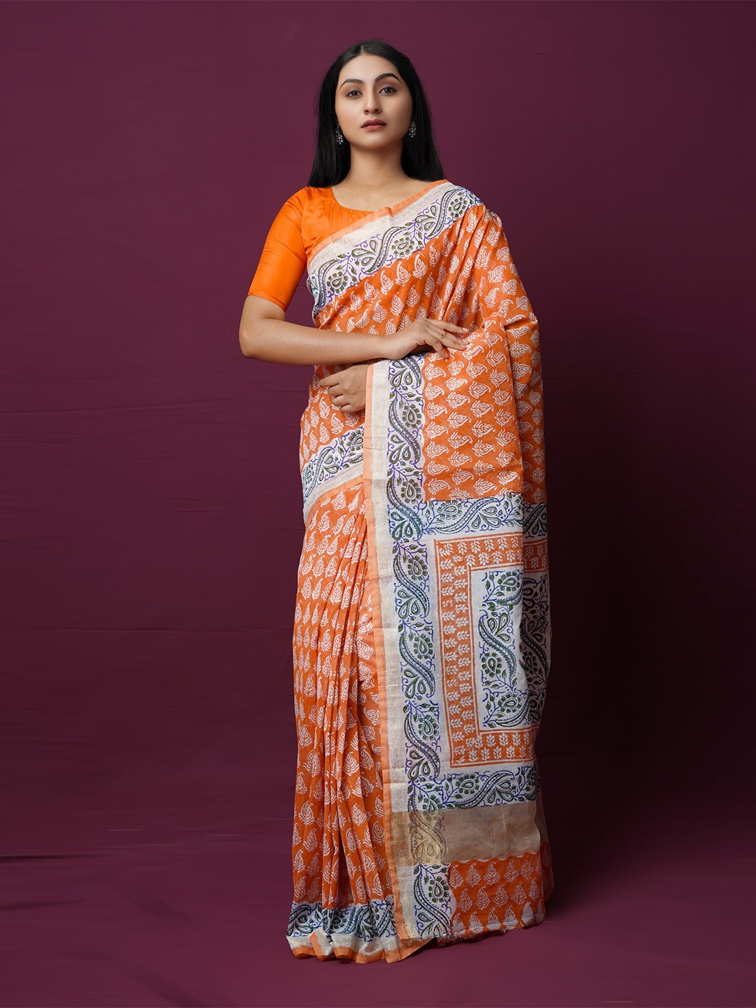 

Unnati Silks Ethnic Motifs Printed Zari Silk Cotton Chanderi Saree, Orange