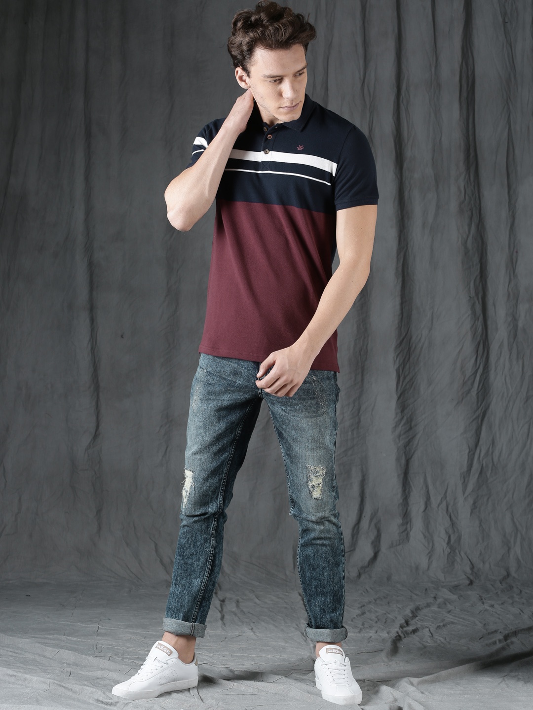 

WROGN Men Maroon & Navy Colourblocked Polo Collar T-shirt