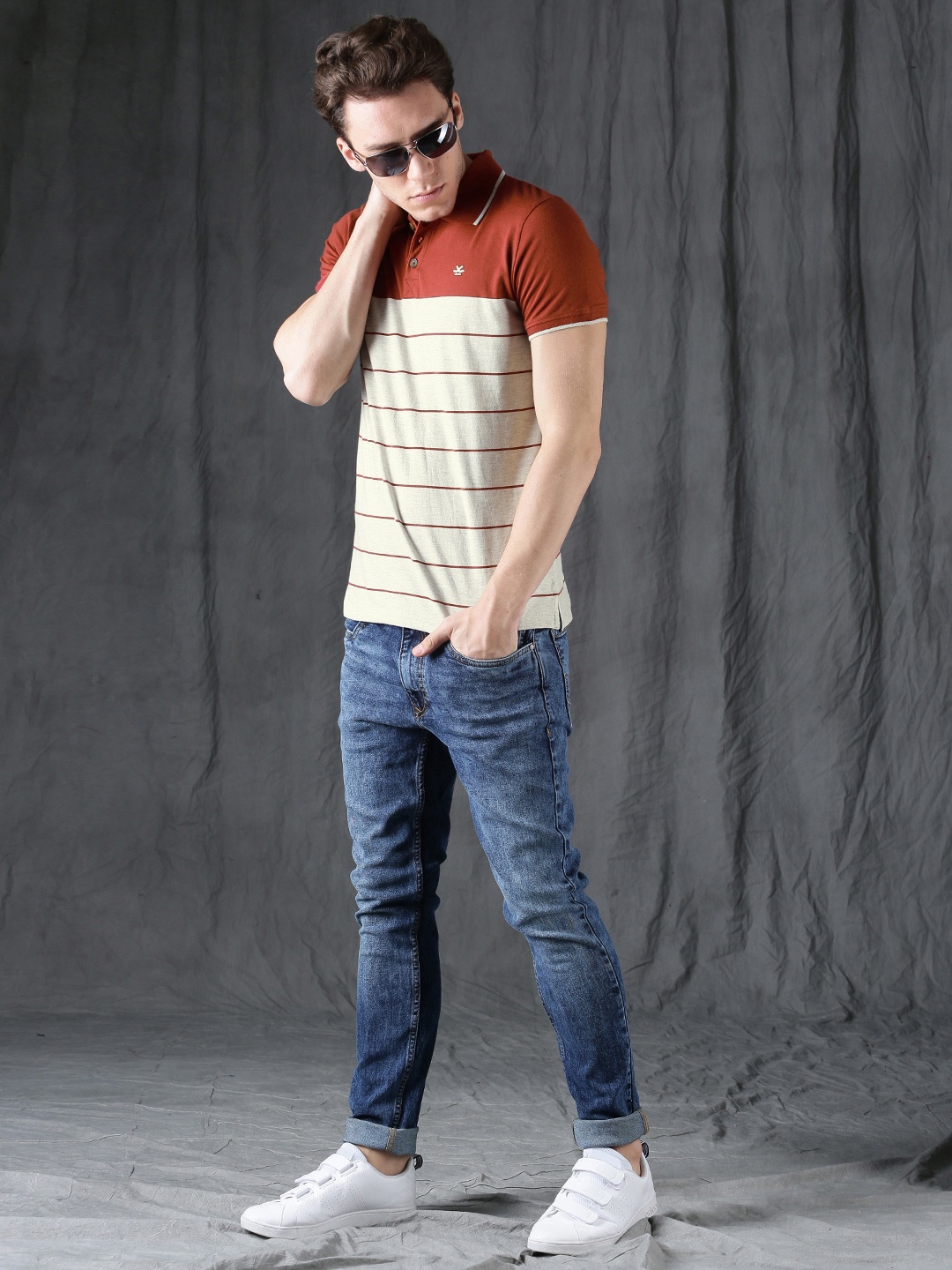 

WROGN Men Grey & Rust Brown Striped Polo Collar T-shirt