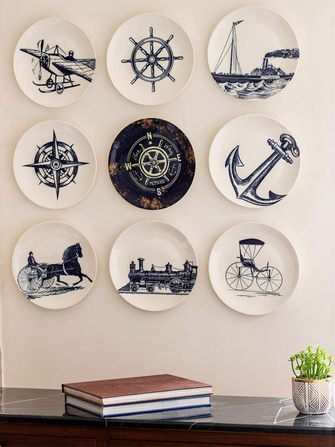 

THEDECORKART White & Navy Blue 9 Pieces Nautical Printed Wall Plates