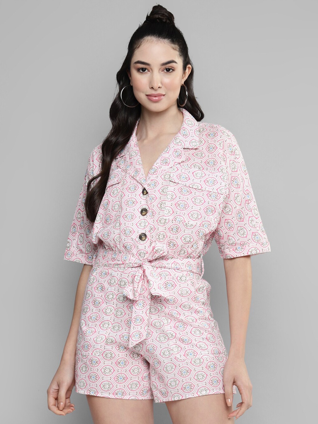 

Kook N Keech White & Pink Shirt Collar Printed Jumpsuit