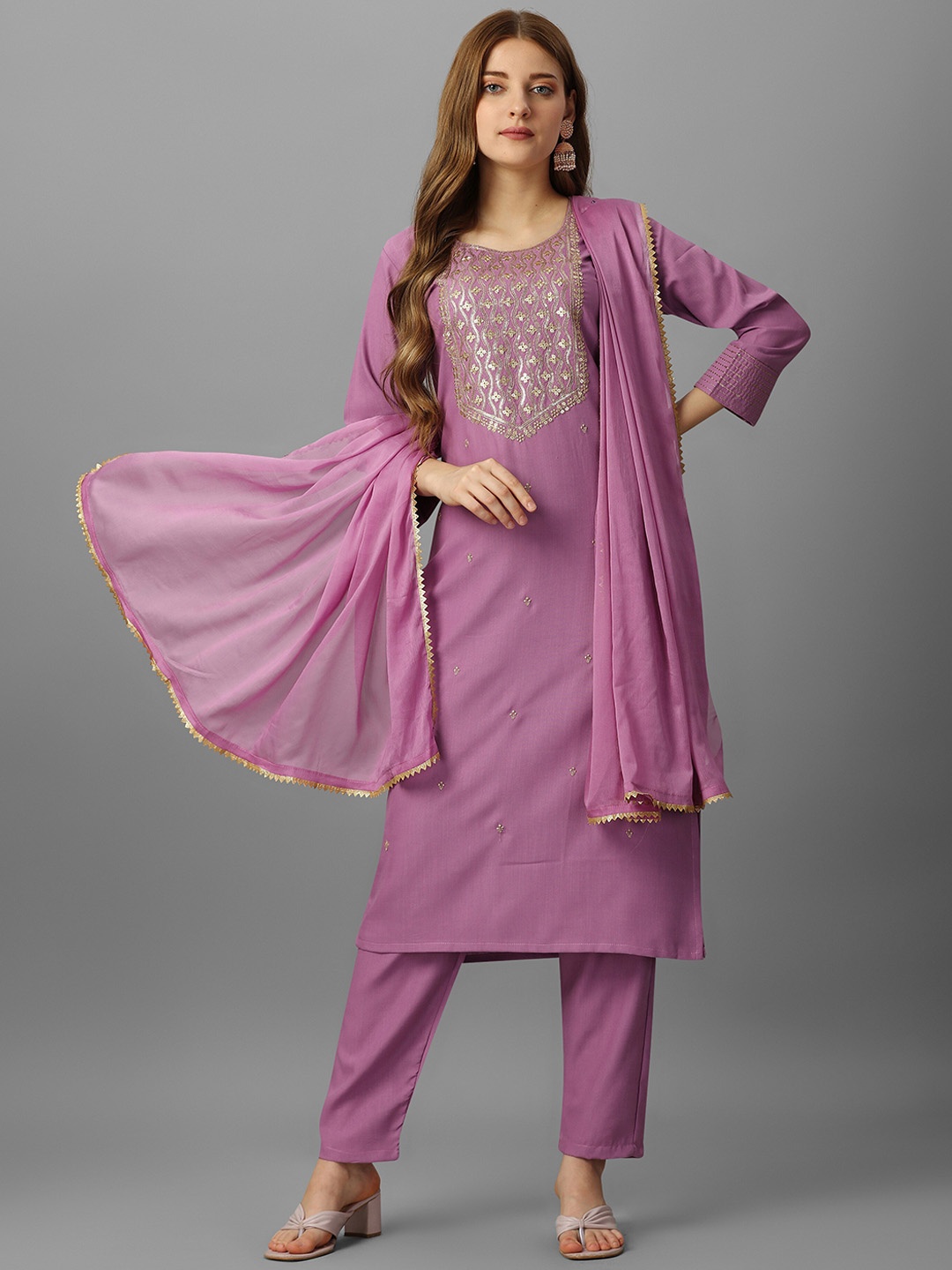 

ASPORA Ethnic Motifs Sequinned Yoke Design Regular Kurta With Trousers & Dupatta, Pink