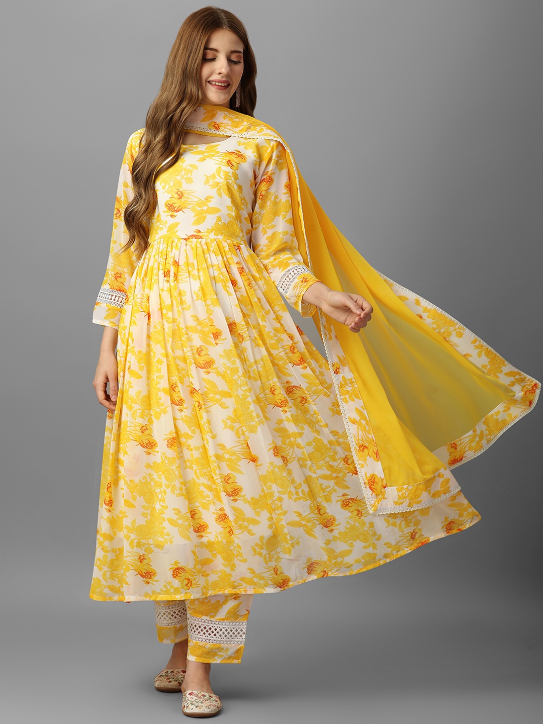 

ASPORA Floral Printed Anarkali Georgette Kurta With Palazzos & Dupatta, Yellow