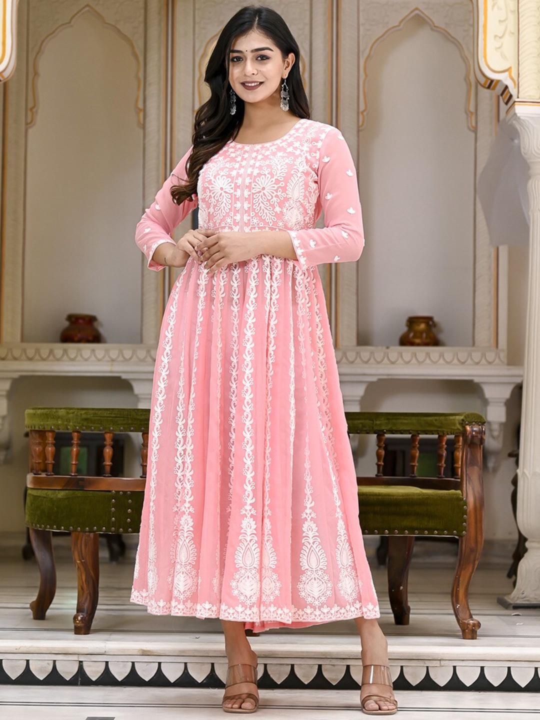 

KALINI Ethnic Embroidered Anarkali Kurta, Peach