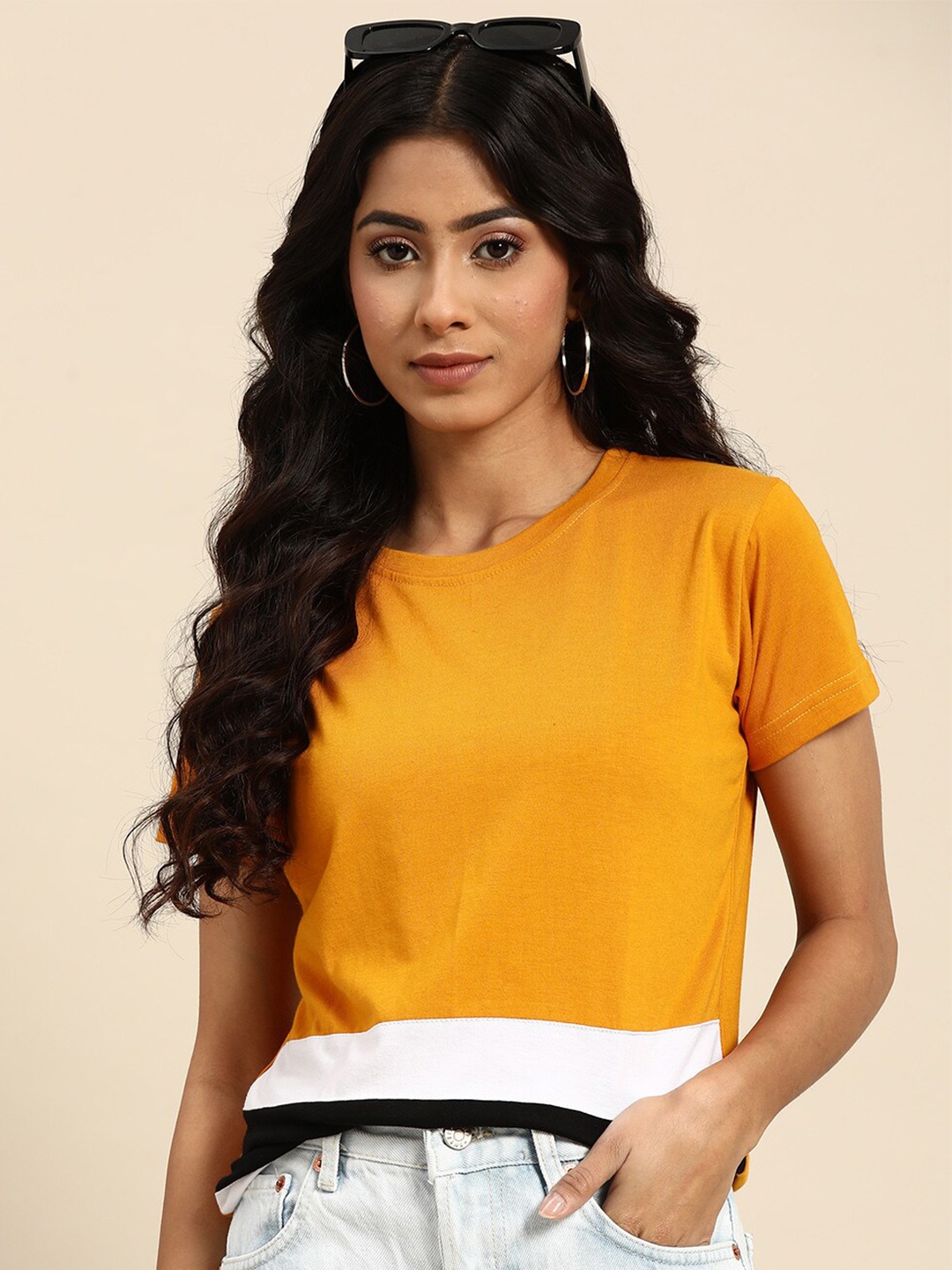 

BAESD Striped Round Neck Cotton T-shirt, Mustard