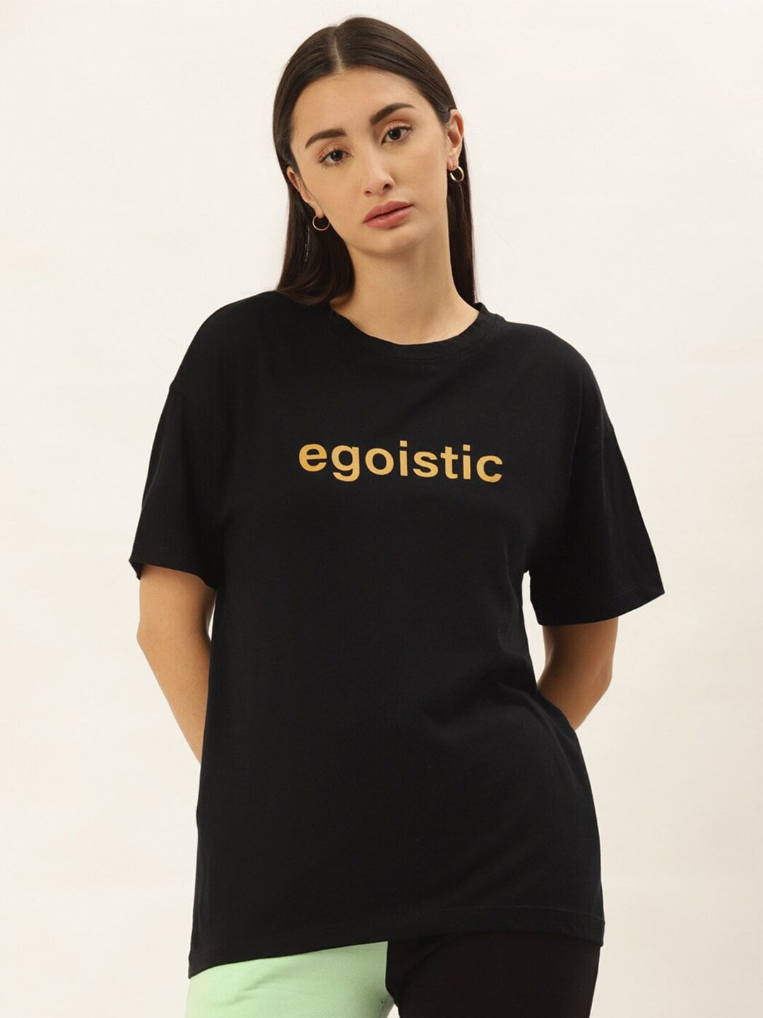 

BAESD Typography Printed Drop Shoulder Sleeves Cotton T-shirt, Black