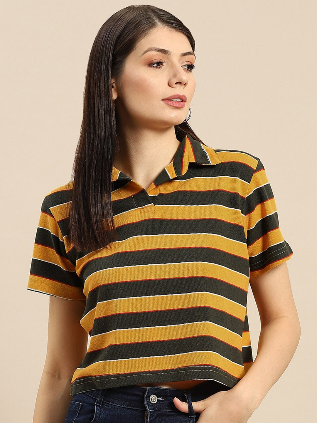 

BAESD Striped Polo Collar Cotton T-shirt, Brown