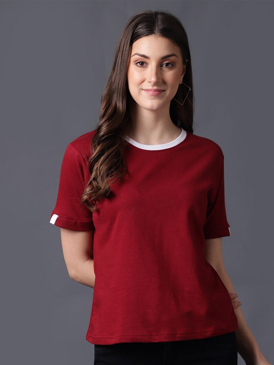 

BAESD Round Neck Knitted Regular-Fit Cotton T-shirt, Red