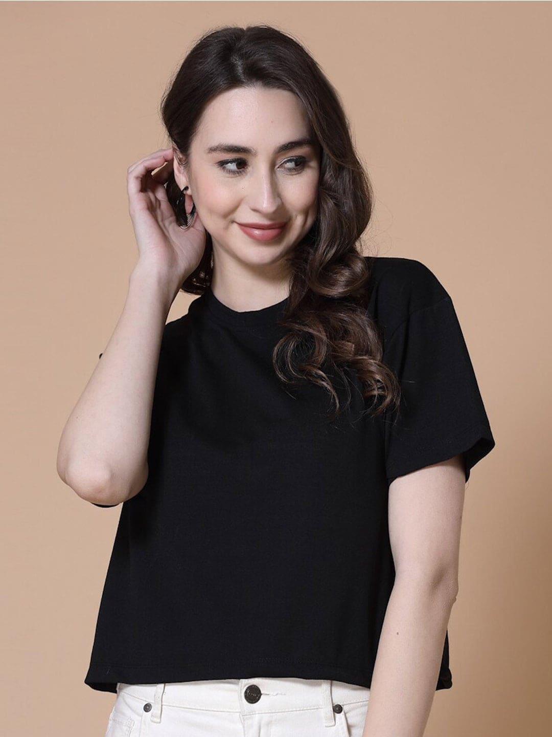 

BAESD Round Neck Drop-Shoulder Sleeves Cotton T-shirt, Black