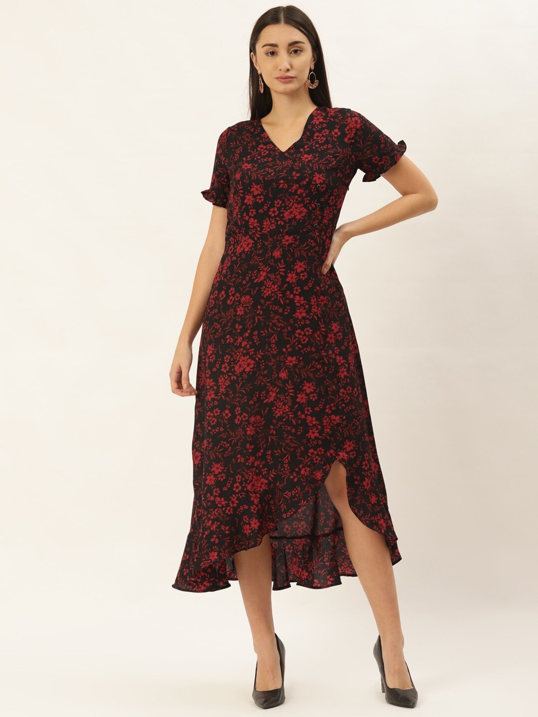 

BAESD Floral Print A-Line Midi Dress, Black