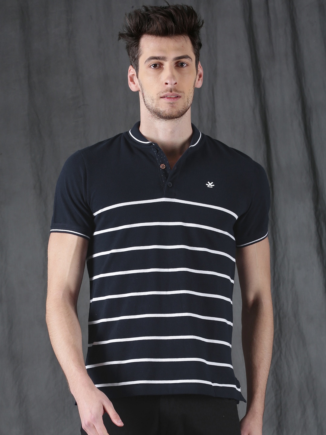 

WROGN Men Navy Blue White Slim Fit Striped Polo Collar Pure Cotton T-shirt