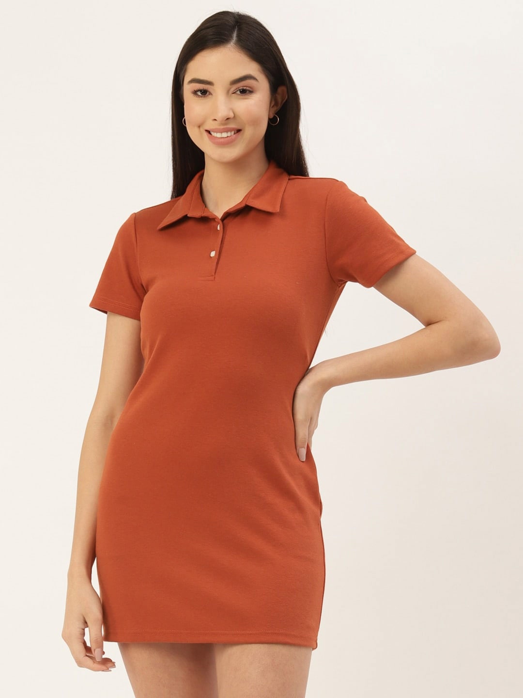 

BAESD Shirt Collar Cotton T Shirt Dress, Rust