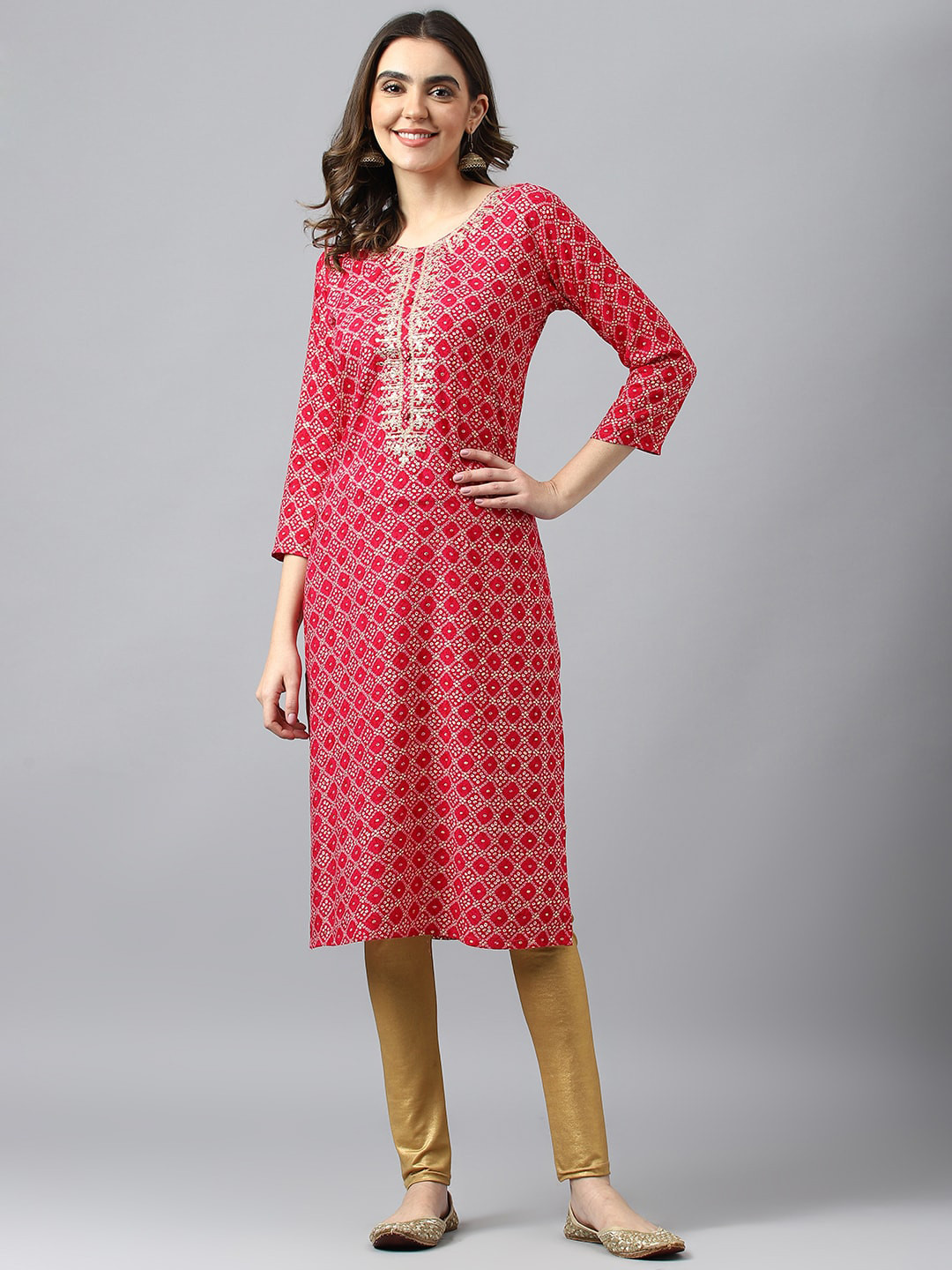 

Ishin Red & White Bandhani Printed Kurta