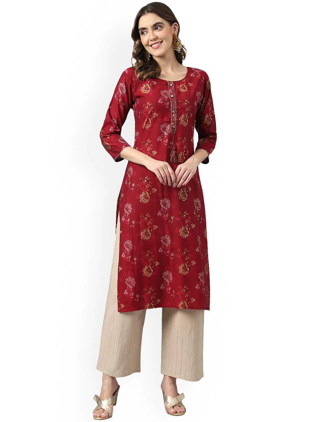 

Ishin Maroon Floral Printed Gotta Patti Silk Kurta